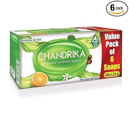 Chandrika -6 pc-Glycerine Ayurveda Gel Soap  Bar - 6 pc/Pack -750 g  (125g/1 pc )